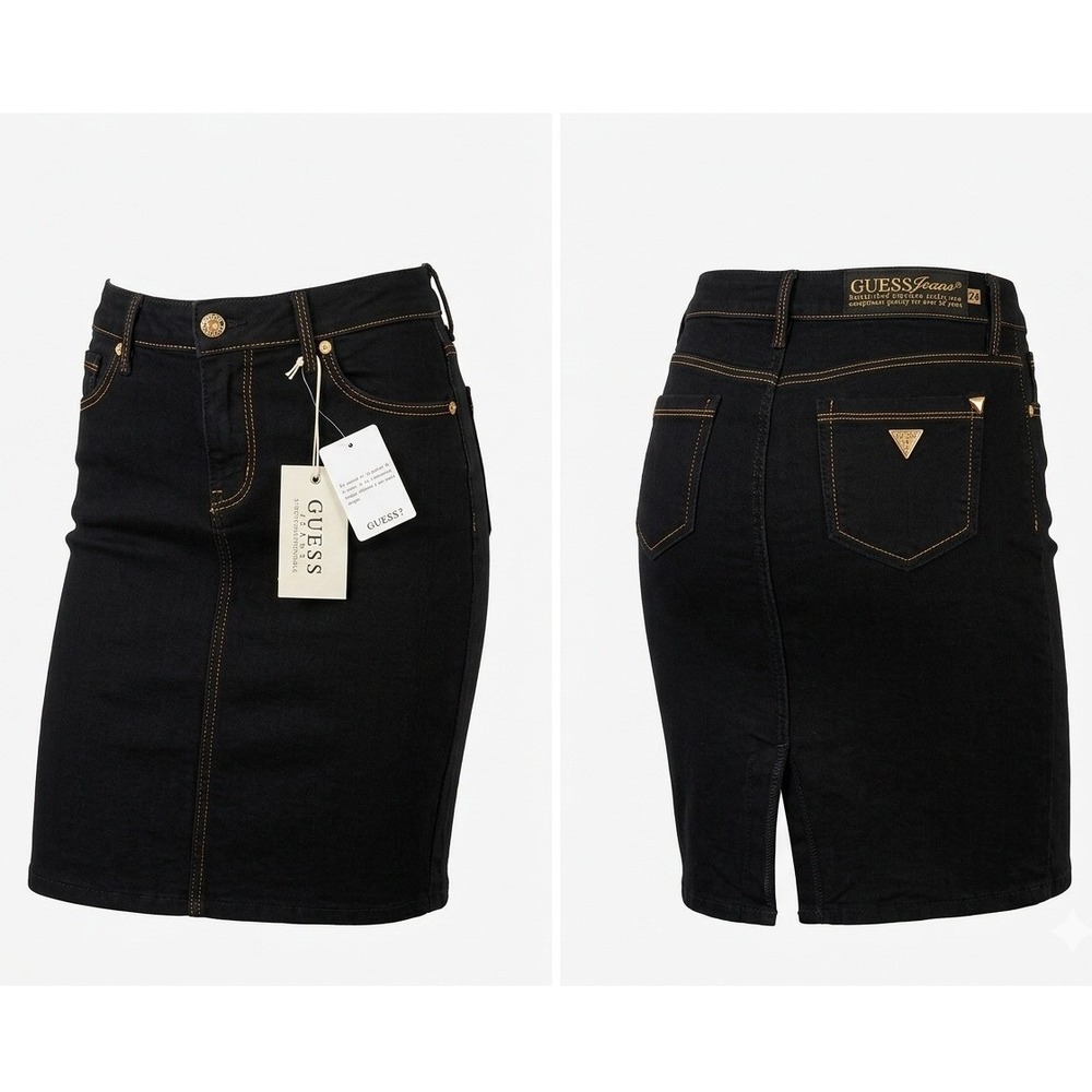 Guess Black Stretch Denim Mini Skirt 24 NWT Contrast Stitch Y2K Indie Sleek Glam